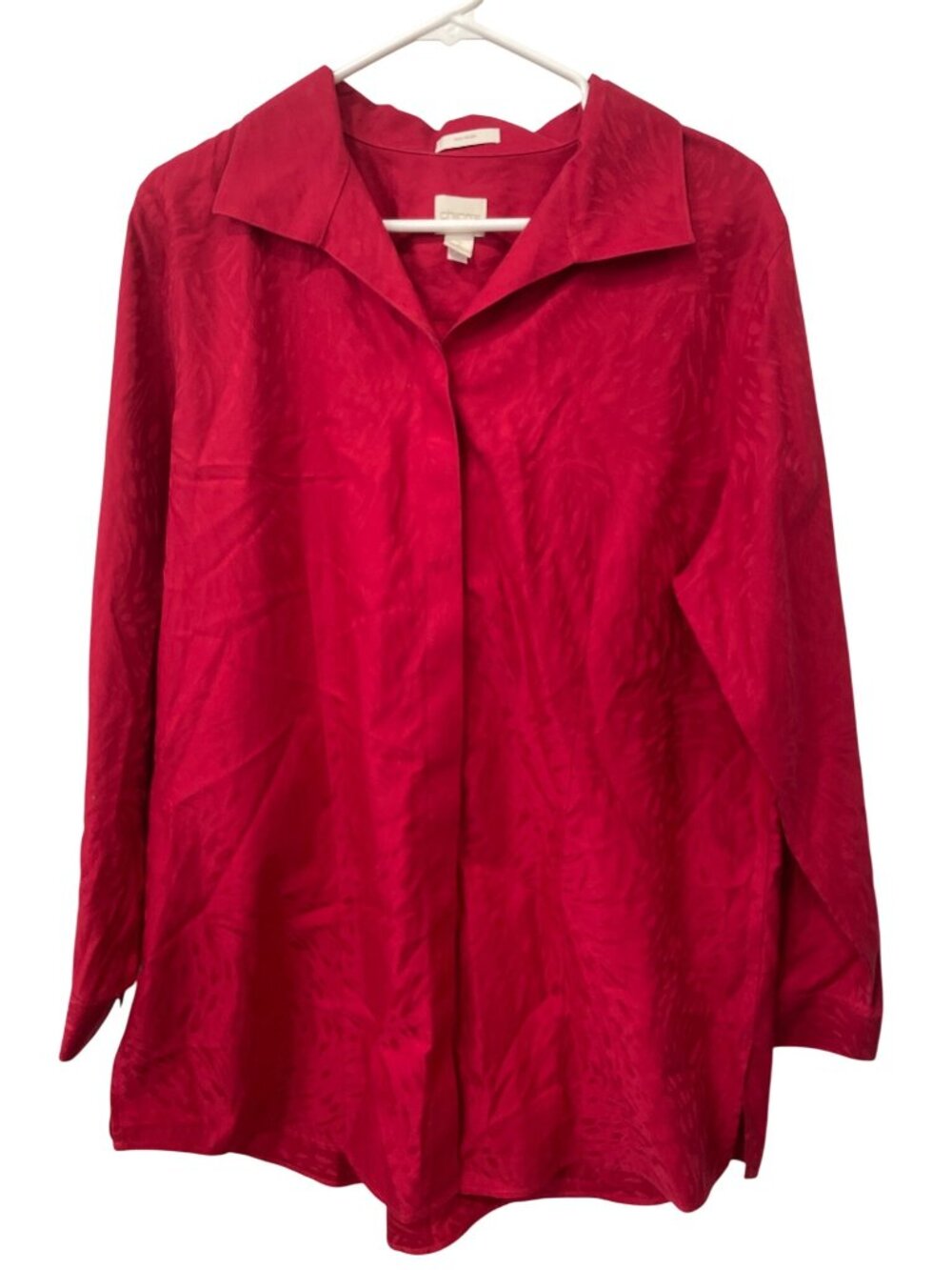 Chicos No Iron Jacquard Button Front Shirt Size Large Long Sleeve Red Career